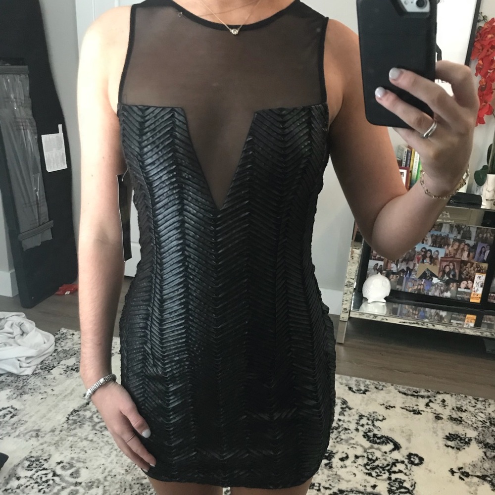 black pleather dress with mesh detail